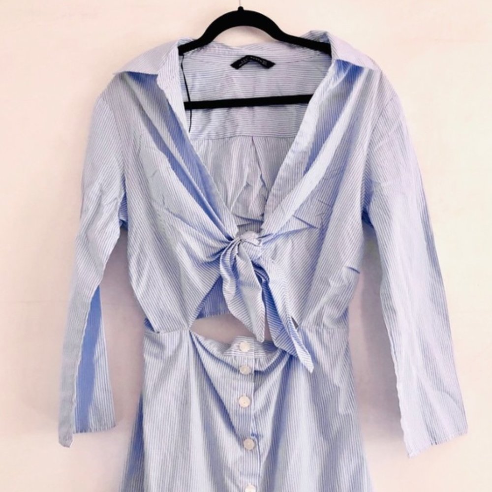 Zara Poplin Dress Tie Front Striped Blogger Fav M - Picture 4 of 13